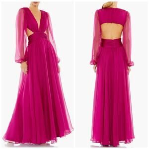 Ieena Mac Duggal Ruched Puff Sleeve Cut Out Organza Pink Maxi Gown $498 Sz 8